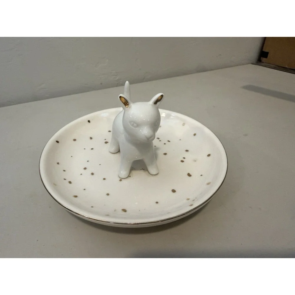 Cat Dish Ring Holder White‎ With Gold Trim and Polka Dots